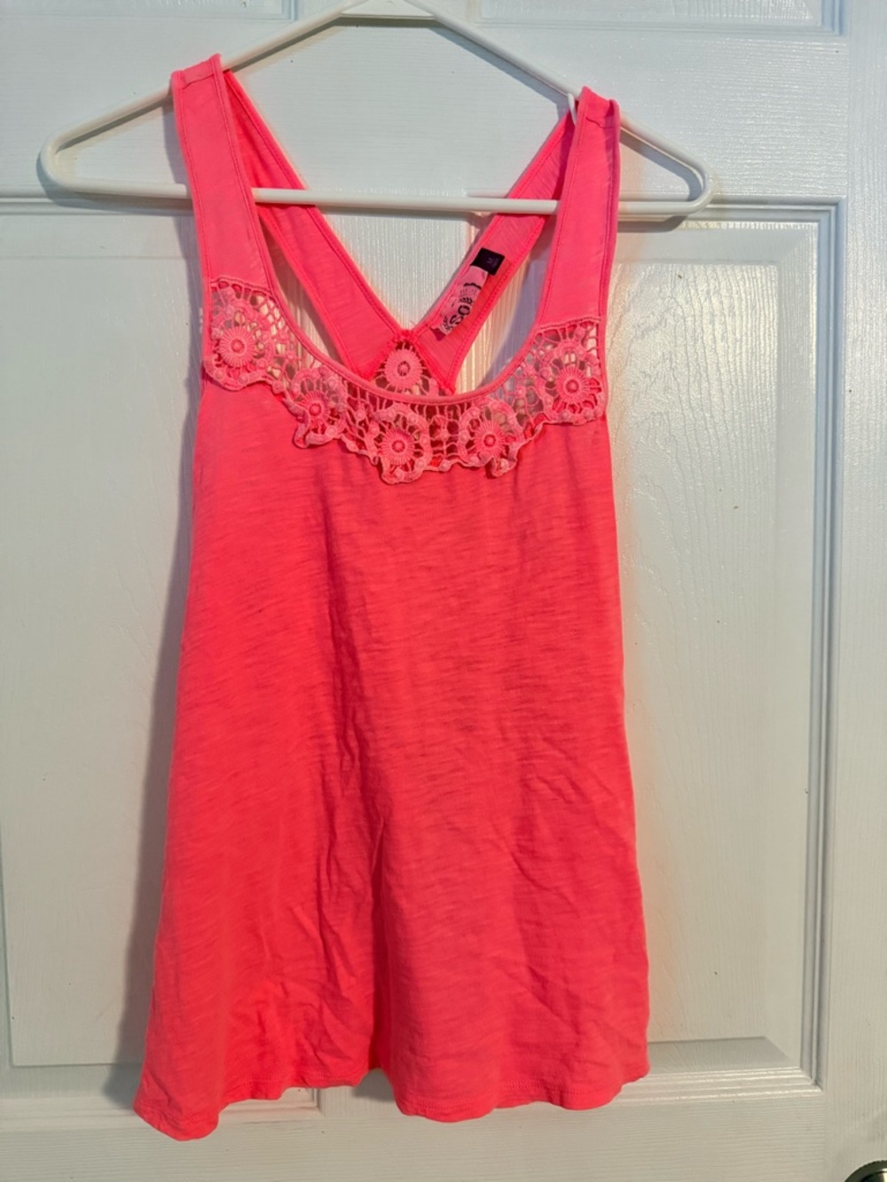 Women’s SO Brand Neon Pink Racerback Tank with Crochet Trim